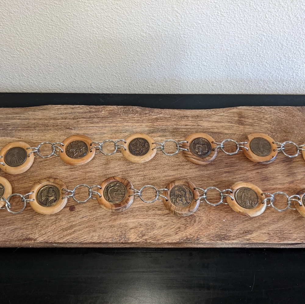 Vintage Hebrew Judaism Wooden & Brass? Medallions Necklace or Decor